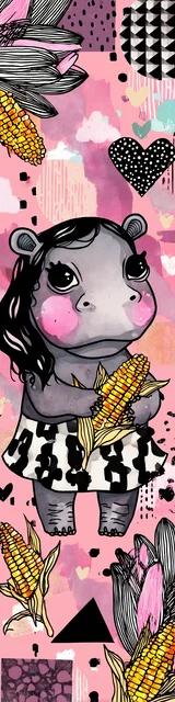 Free kawaii bookmark featuring a cute hippo with hearts and corn